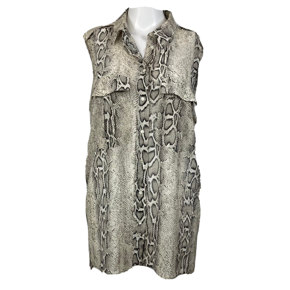 MNG Suit Shirt Womens Sz M Black Beige Snake Print Collared Button Down Chiffon